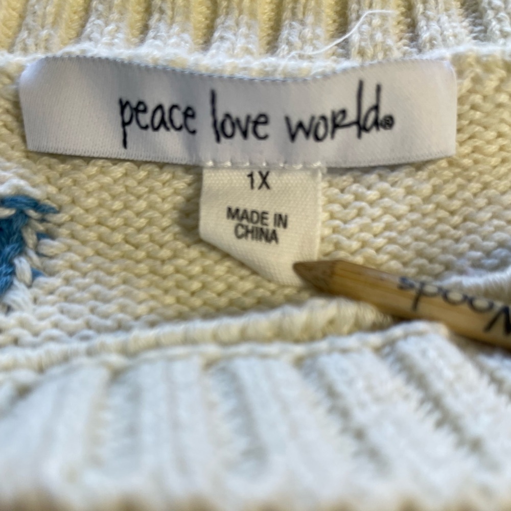 Peace Love World 100% Cotton Novelty Stitch Crew Neck Sweater, Size 1X, EUC - Picture 4 of 9